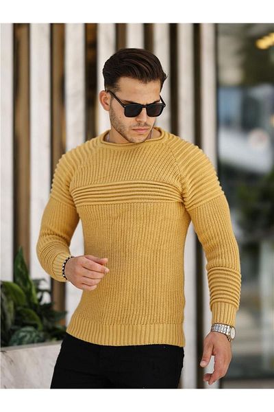 Tarz Cool Πλεκτό πουλόβερ με λαιμόκοψη ανδρικό κρεβάτι Mustard-TRZCM28888R264S