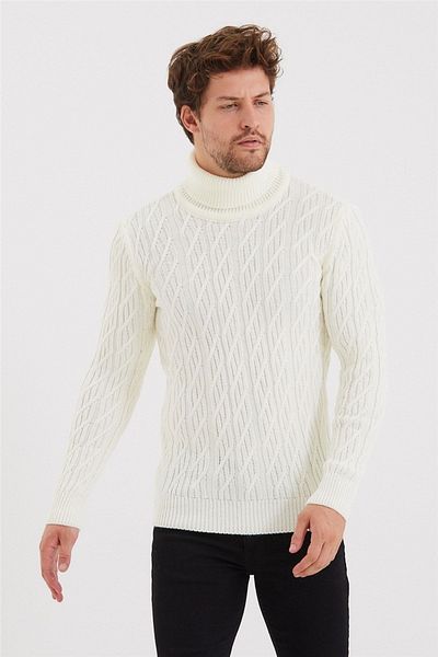 Tarz Cool Мъжки плетен пуловер с шарки в екрю цвят - trz8147r02s