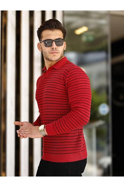 Tarz Cool Pulover pentru bărbați, roșu Claret, slim fit, cu gât polo, tricot mozaic-TRZ19132R01S