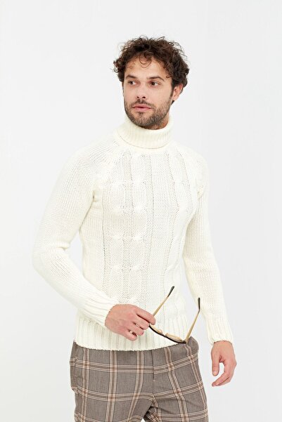 Tarz Cool White Patterned Thick Fisherman Knitwear Sweater -trzcm3418r04