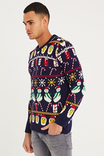 Tarz Cool Чоловічий синій різдвяний светр - noelkzkr02s