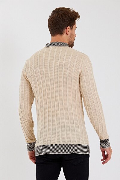 Tarz Cool Ανδρικά πλεκτά με ριγέ μοτίβο με κρεμ λαιμόκοψη-trz1972r04s