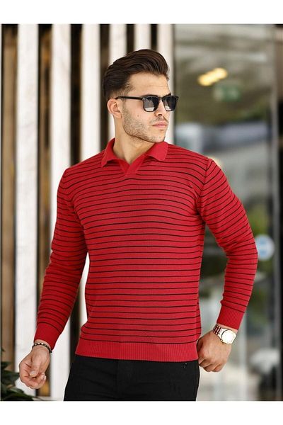 Tarz Cool Pulover pentru bărbați, roșu Claret, slim fit, cu gât polo, tricot mozaic-TRZ19132R01S