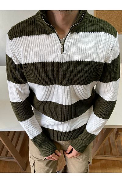 Tarz Cool Khaki-White Zippered Striped Patterned Knitwear Sweater
