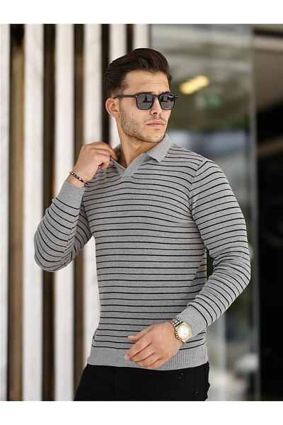 Tarz Cool Gray Men's Slim Fit Polo Neck Patchwork Knitwear Sweater-TRZ19132R02S