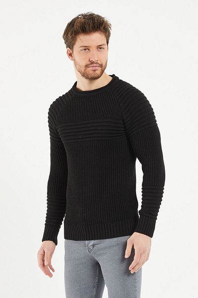Tarz Cool Мъжки черен плетен пуловер -trzcm28888r05