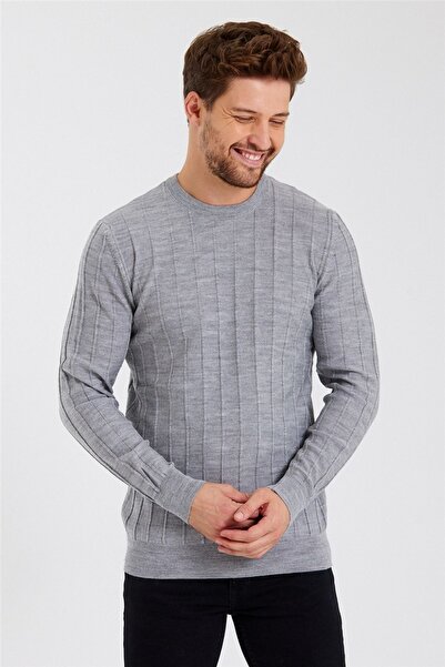 Tarz Cool Чоловічий сірий смугастий круглий комір в'язаний тонкий трикотаж-trz1926r02s