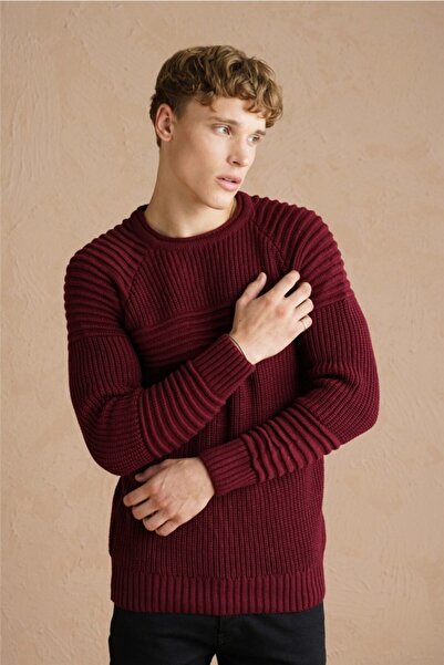 Tarz Cool Men's Claret Red Ribbed Crew Neck Knitwear Sweater-trzcm28888r07s
