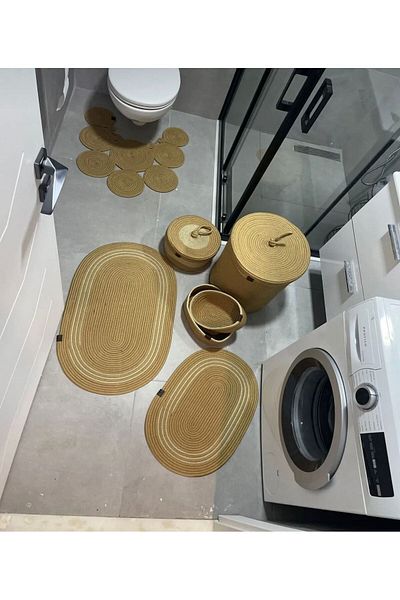 ModaCardin Σετ 6 χαλάκια μπάνιου από γιούτα και άχυρο - Καλάθι σε μποέμικο και σκανδιναβικό στυλ