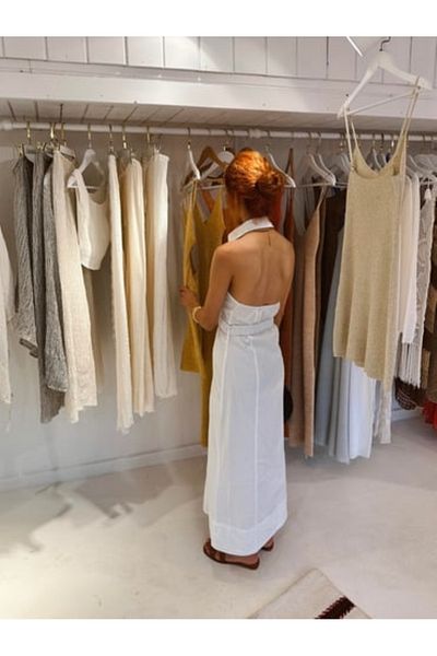 bonnline Λινό φόρεμα Gabardine Διπλό Στήθος - Λευκό, Πλυμένο με Χαμηλή Πλάτη