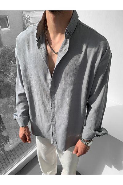 NO1 KONSEPT Oversize Gray Linen Shirt - Crinkle Design