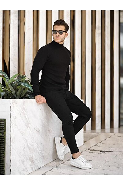 Tarz Cool Black Men's Slim Fit Half Fisherman Corduroy Knitwear Sweater-TRZ19158R01S