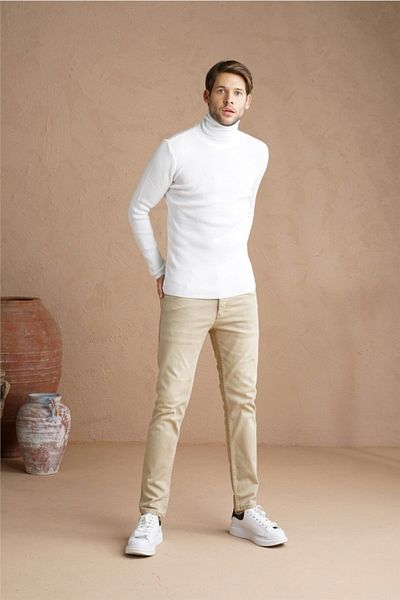 Tarz Cool Men's White Plain Turtleneck Knitwear Sweater-trz1406r11s