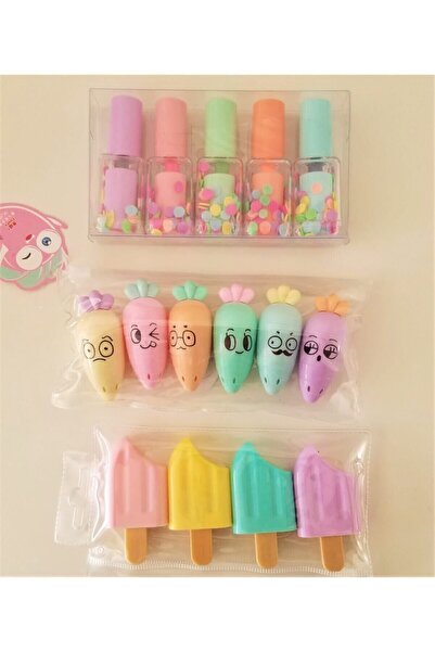 eskiminder Ithal Mini Fosforlu Kalemler Seti 3'lü - Oje - Sevimli Havuç - Don...