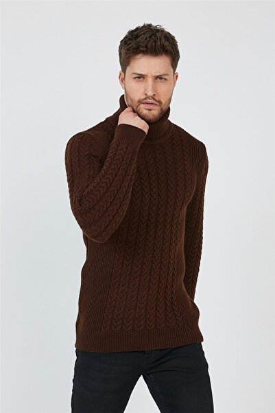Tarz Cool Καφέ Ανδρικό πλεκτό πουλόβερ με σχέδιο ζιβάγκο πουλόβερ-trz8146r04s