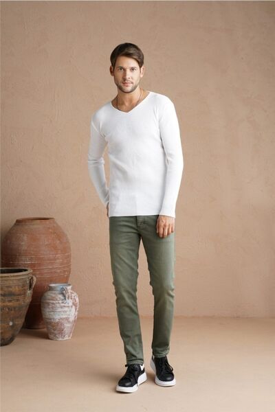 Tarz Cool Men's White V-Neck Knitwear Sweater trz1753r03s