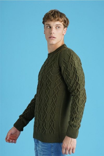 Tarz Cool Men's Khaki Basket Knit Crew Neck Knitwear Sweater-trz1554r02s