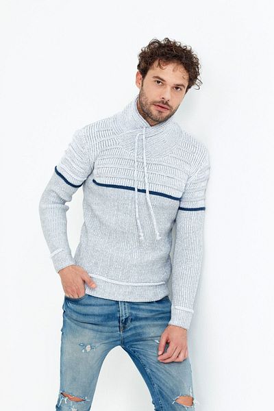 Tarz Cool Men's Gray Shawl Collar Chest Striped Knitwear Sweater -ipbyk001r04