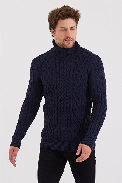Tarz Cool Чоловічий синій светр з візерунком з в'язки - trz8152r03s