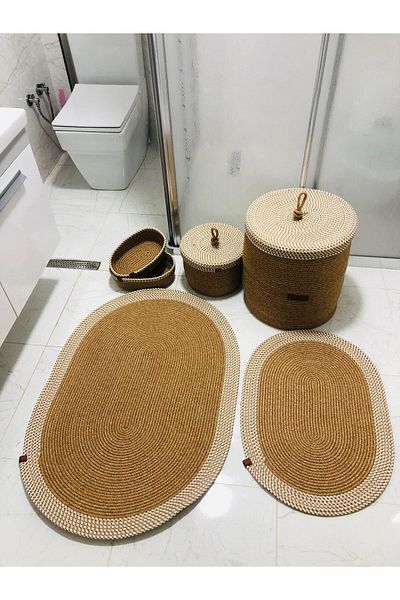 ModaCardin Σετ 6 πατάκια μπάνιου από γιούτα και άχυρο - Καλάθι σε στυλ Bohemian και Nordic