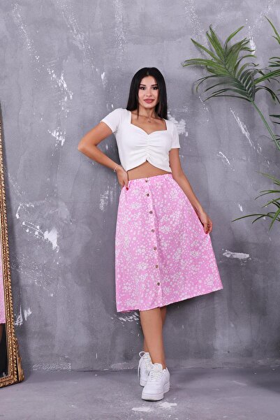 ZEYWEAR Buttoned Daisy Pattern Skirt with Elastic Waist