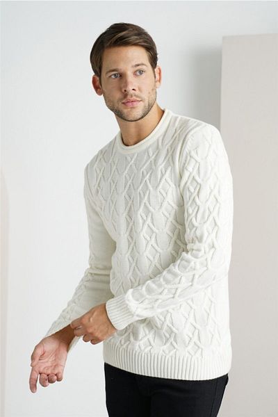 Tarz Cool Men's White Basket Knit Crew Neck Knitwear Sweater-trz1554r01s