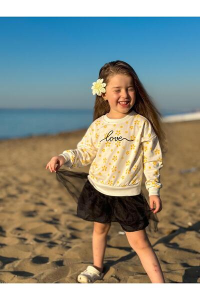 GÖKJOY BUTİK Premium Quality - Girl's Sweat Dress with Floral Print and Love Embroidery