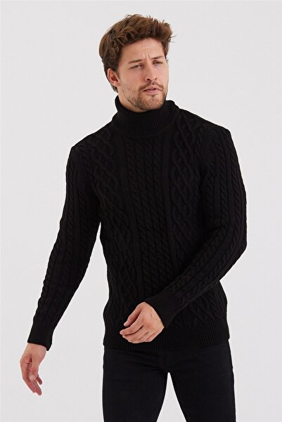 Tarz Cool Ανδρικό πουλόβερ με μαύρα πλεκτά σχέδια-trz8152r05s