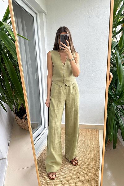 MERVE AKSOY Soft Green Linen Trousers - Anny Loose Cut and Elastic Waist