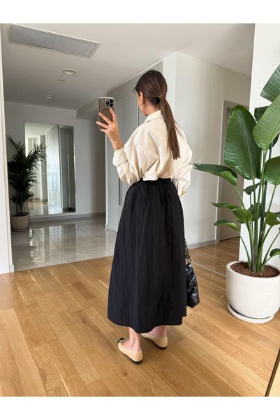 MERVE AKSOY Elastic Waist Poplin Midi Skirt-Black