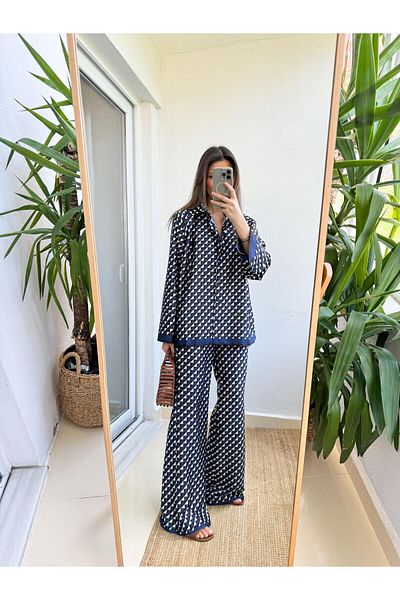 MERVE AKSOY Navy Blue Geometric Patterned Satin Set
