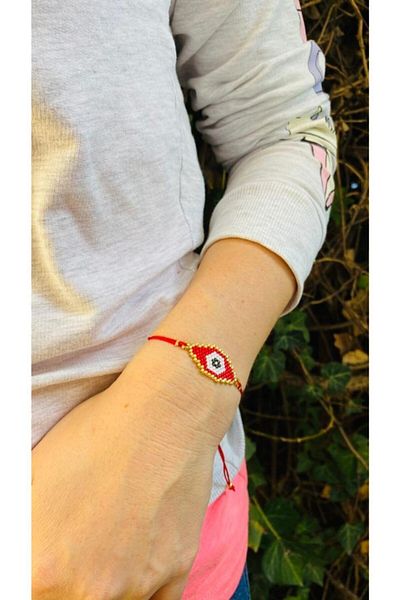 elamindunyasi Red Eye Miyuki Knitted Bracelet and Earring Set