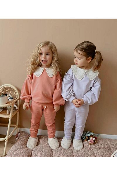 azecekids Yavruağzı Brode Baby Collar 100% Cotton Oversize Girl's Top and Bottom Set