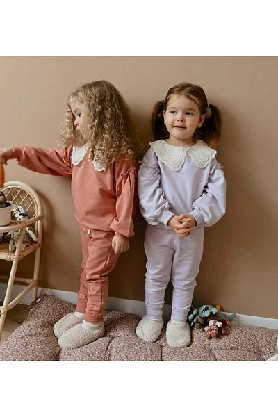 azecekids Yavruağzı Brode Baby Collar 100% Cotton Oversize Girl's Top and Bottom Set