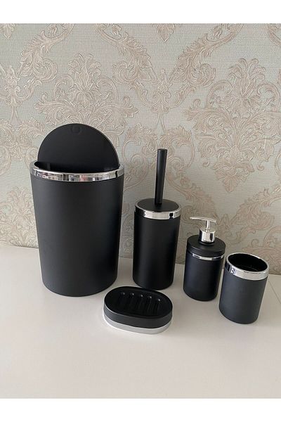 Trend Banyo Mutfak 5-Piece Black Silver Mat Bathroom Set - Wc Brush Holder, Liquid - Solid Soap Dispenser, Trash Can, Toothbrush Holder
