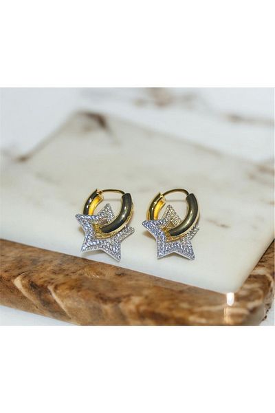 loakaila Zircon Stone Paved Star Detailed Hoop Gold 316L Steel Earrings