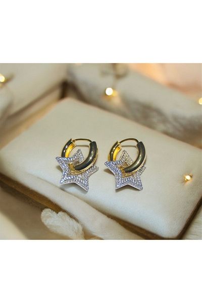 loakaila Zircon Stone Paved Star Detailed Hoop Gold 316L Steel Earrings