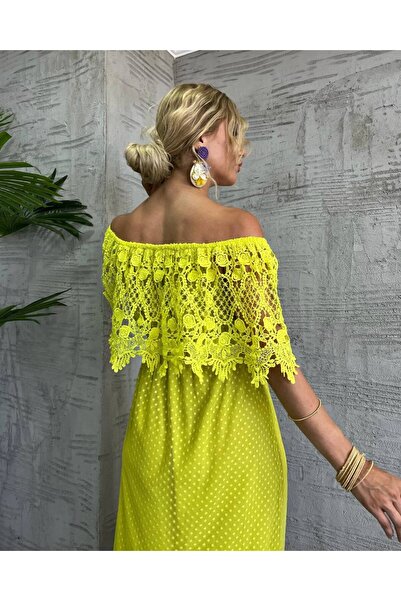 1Moda1Tarz Kadın Sarı İthal Güpür Kumaş Kurdele Detaylı Astarlı Tasarım Elbise