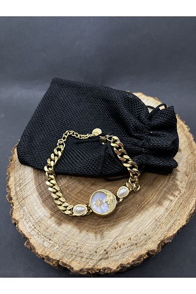 Balzamin Design Tarnish-free stainless steel enameled pearl model moon star thick chain steel bracelet