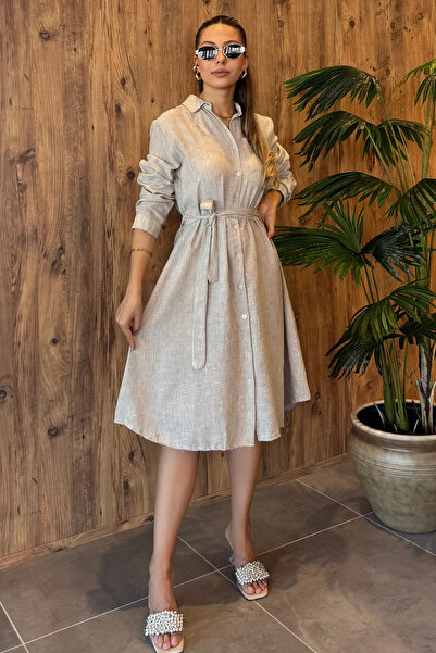 GÜLSELİ Linen Shirt Dress - mink Color, Belted Waist DesiGn