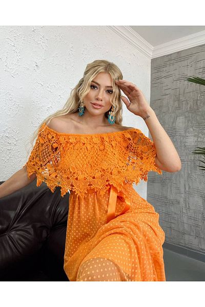 1Moda1Tarz Rochie de damă cu imprimeu portocaliu cu buline - țesătură importată, tul și detaliu guipură, căptușită