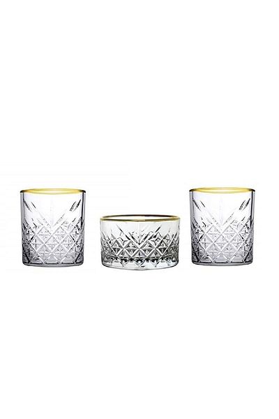 Paşabahçe Timeless Gilded Whiskey Glass Snack Bowl Golden Touch 3 Piece Set