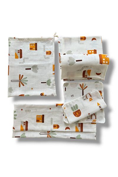 Mutlu Gün Marketi 100x80cM Muslin Blanket - 2 Handkerchiefs, 2 Shoulder Diapers, 1 Pouch Baby Set = 6 Pieces Marrakech Patterned