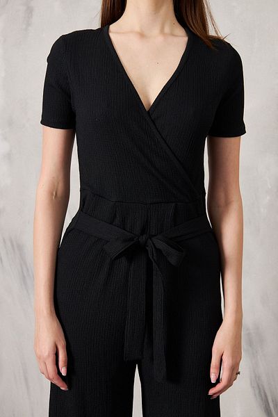 SEVENLINE Belted Double-breasted Collar Wrapped Fabric Jumpsuit