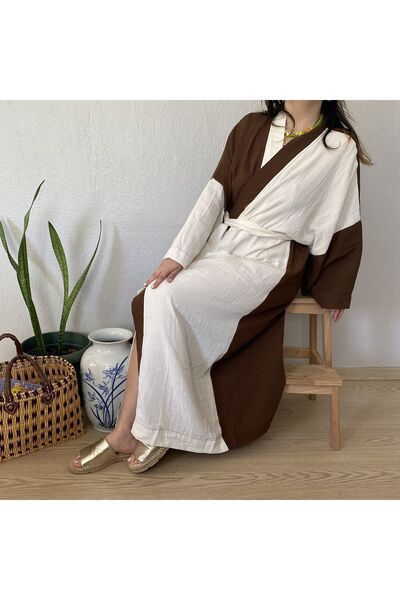 Mutlu Gün Marketi Müslin Kaftan Kimono Uzun Kahve