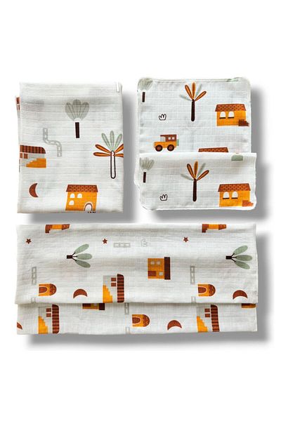 Mutlu Gün Marketi 100x80cM Muslin Blanket and 2 Handkerchiefs 2 Shoulder Diapers - Newborn Baby Set 5 Pieces Marrakech Pattern