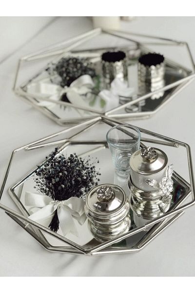 YENİ HEDİYELİK DÜNYAM Promise Engagement Tray Silver Groom Coffee Tray Set