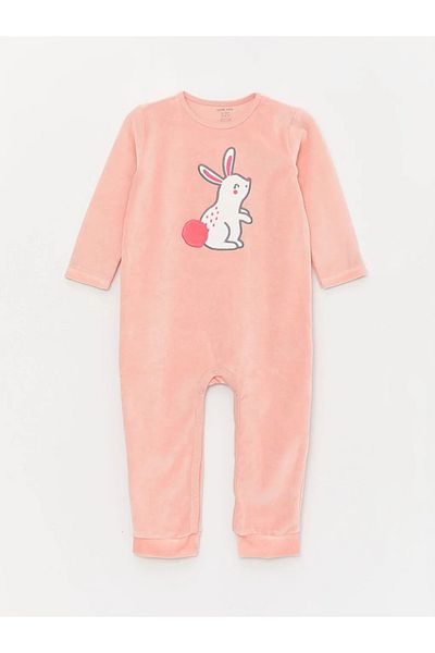 LC Waikiki lCW Baby - Vibrant PinK Embroidered Crew NecK Velvet Baby Girl Jumpsuit