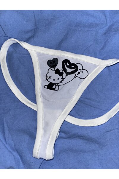 Lolipop Butik Hello Kitty Balonlu Hayalet Figürlü Beyaz T-String Tanga