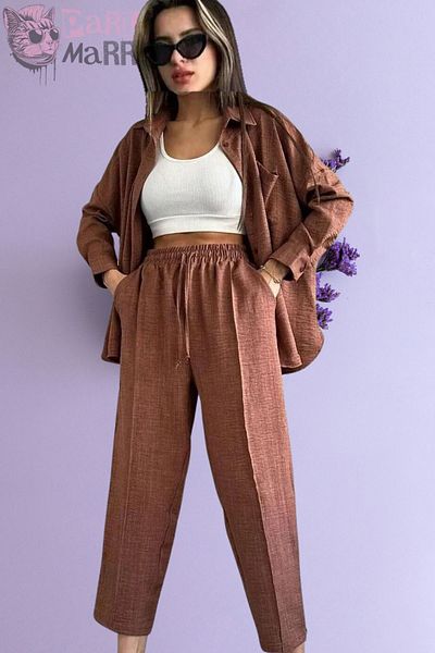 PARLAMARRY Brown Linen Women's Shirt and Trousers Set - String Design